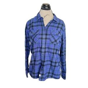 Eddie Bauer Button down Womens Size PL Petite Large Blue Rodeo Western Plaid